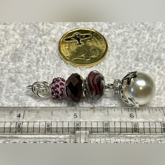 Purple and silver with silver star themed glass pearl wrapped pendant - Picture 7 of 9
